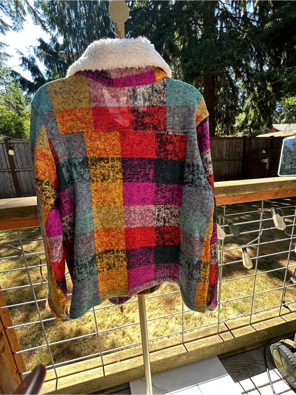Nwt BIBI Multicolor Sherpa Collar Plaid Jacket - Pink/Yellow/Teal - Picture 3 of 4
